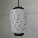 Vintage suspension with opaline lampshade and black decoration, 1950s.