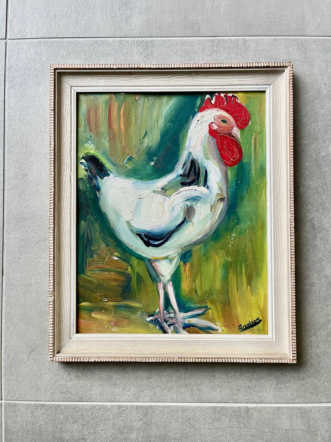 Rooster painting oil on panel signed wooden frame