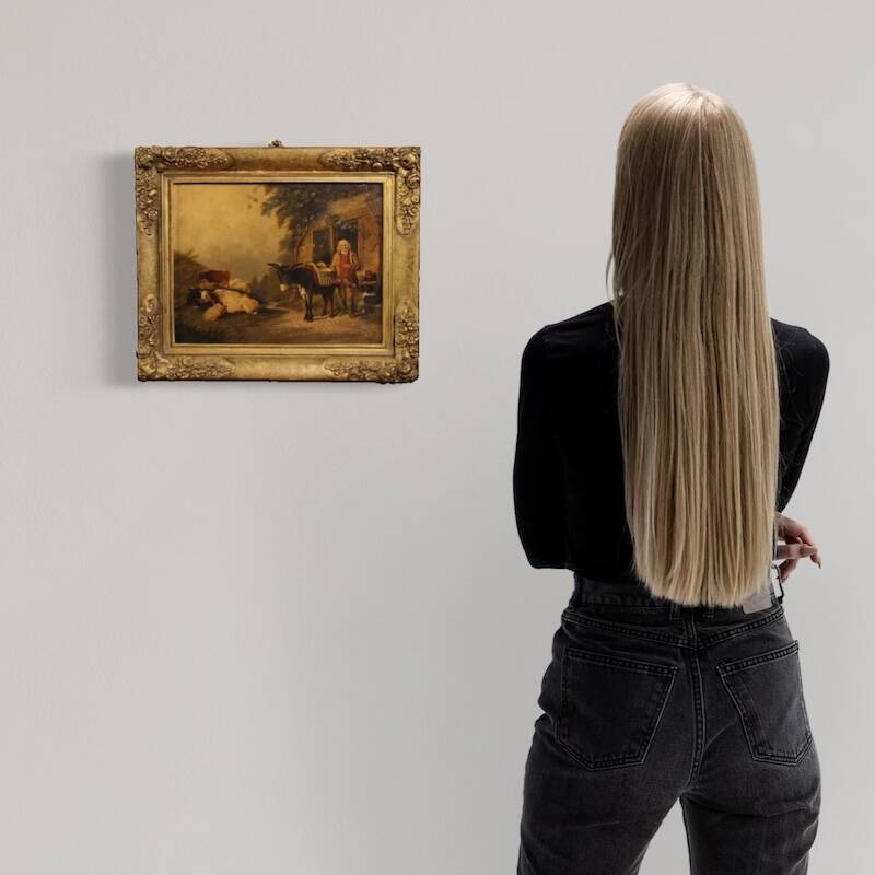 Peinture anglaise antique d'une scène de genre rural datée de 1866