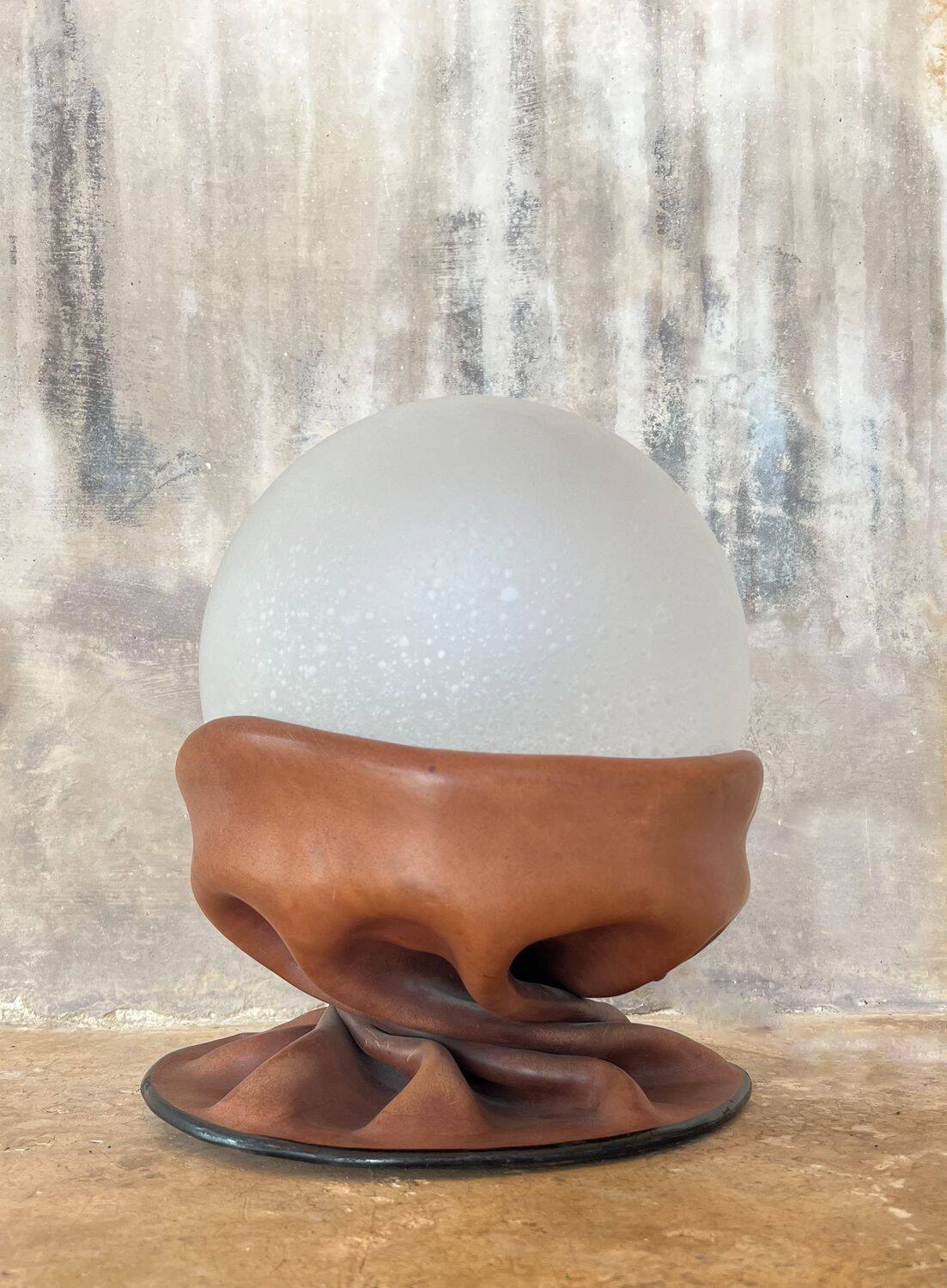 Rare Nova Tecno table lamp in leather and frosted glass, Italy, 1970s