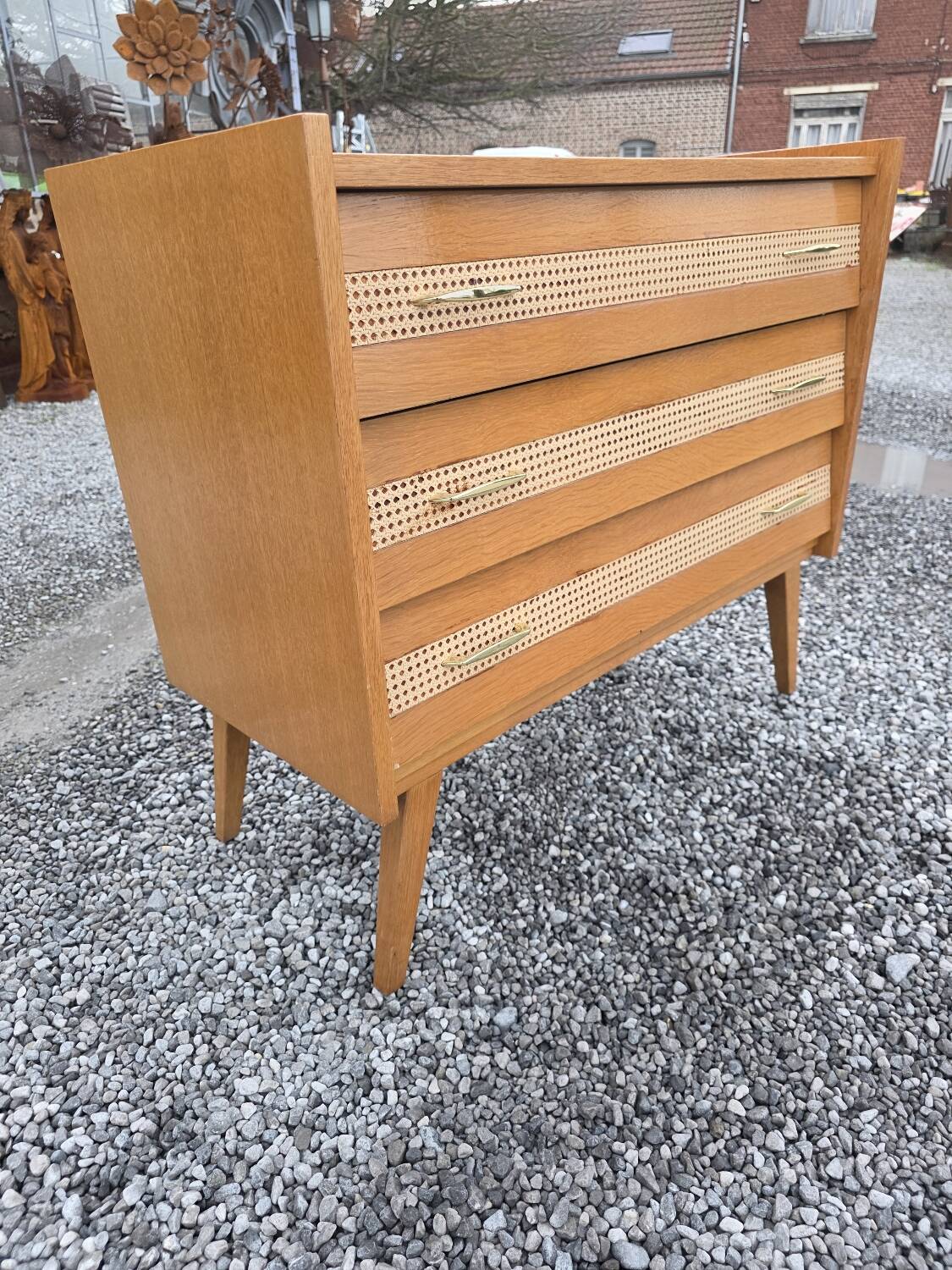 Commode vintage en chêne et cannage des années 60