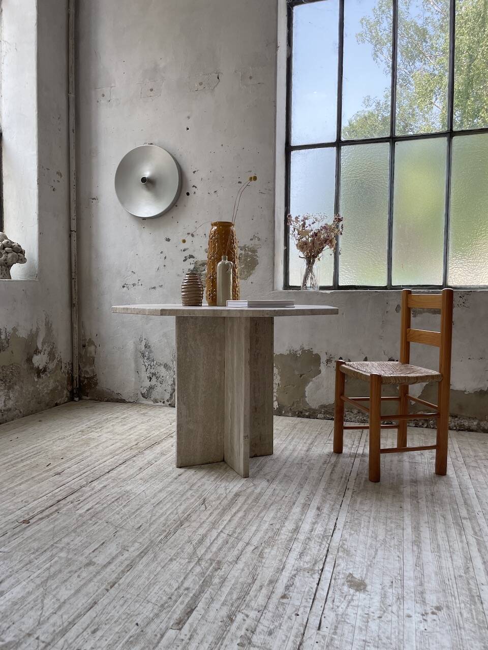 Octagonal travertine coffee table