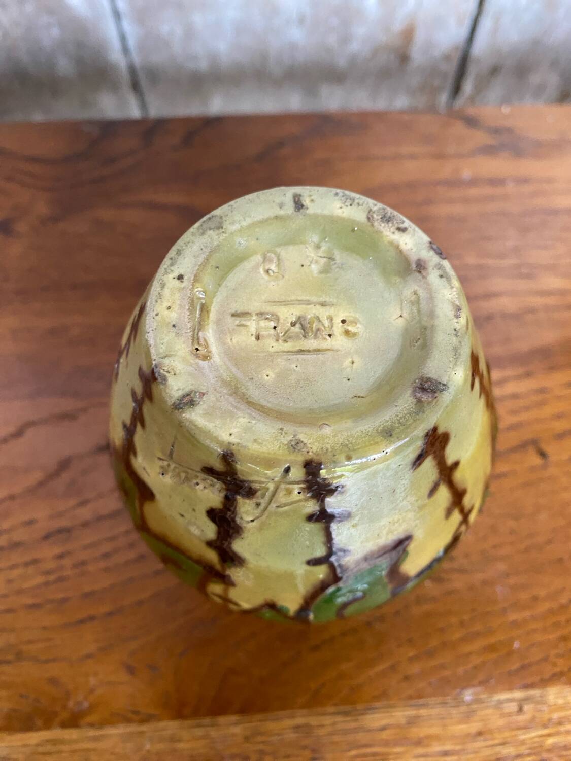 Antique yellow enameled terracotta vase painted decor made in france vintage