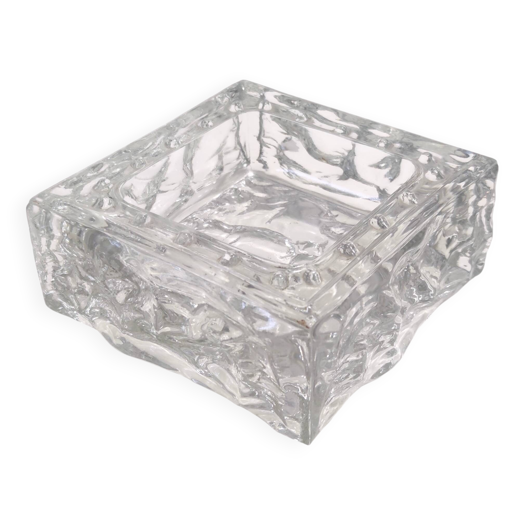 Vintage Square Transparent Molded Thick Glass Ashtray - Trinket Bowl, Italy