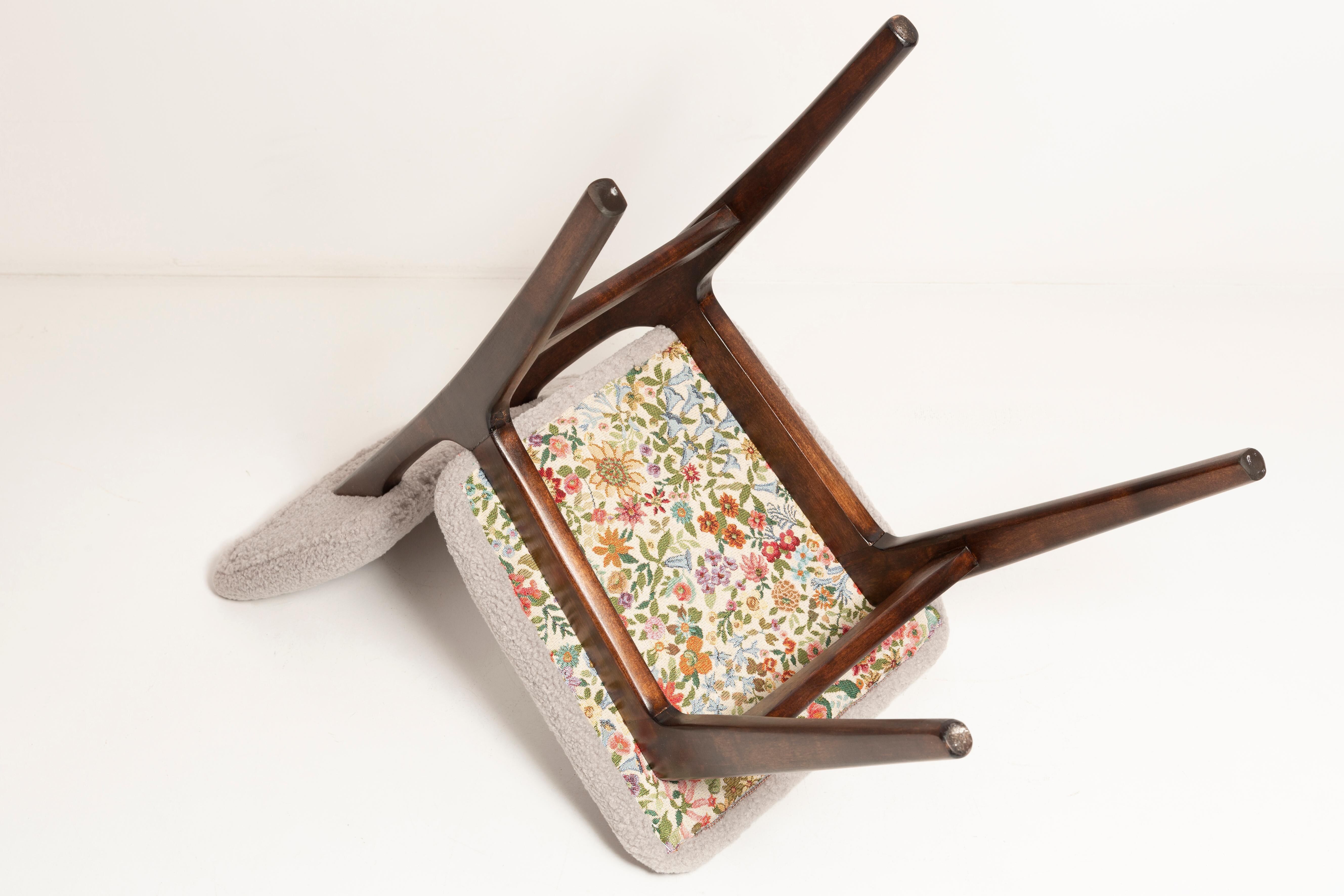 Mid-century butterfly chair, light grey boucle, dark walnut wood, Europe, 1960s.
