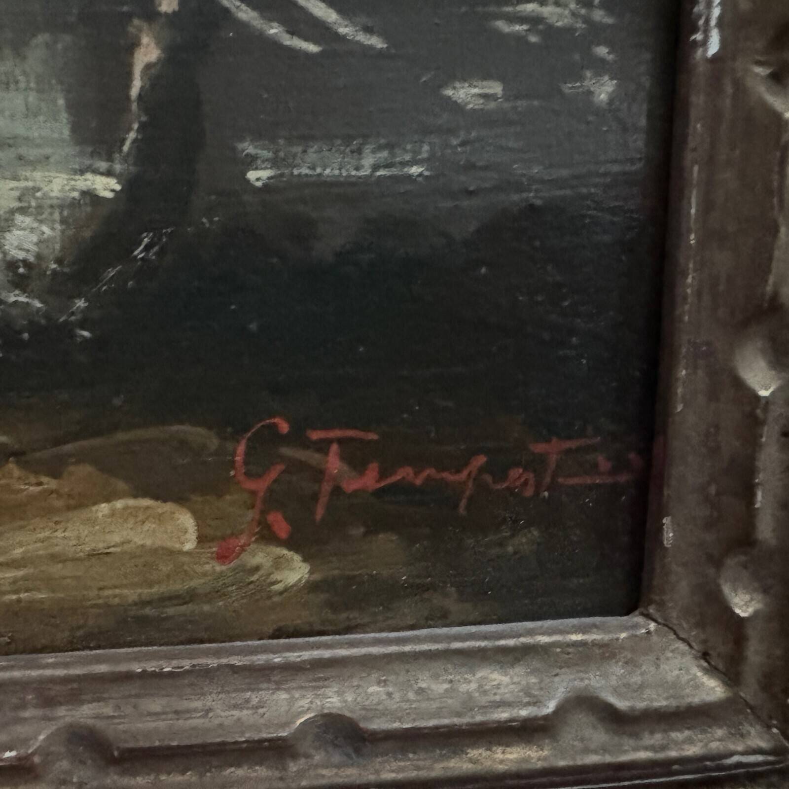 Oil on panel, port scene, late 19th century, gilded frame