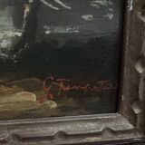 Oil on panel, port scene, late 19th century, gilded frame