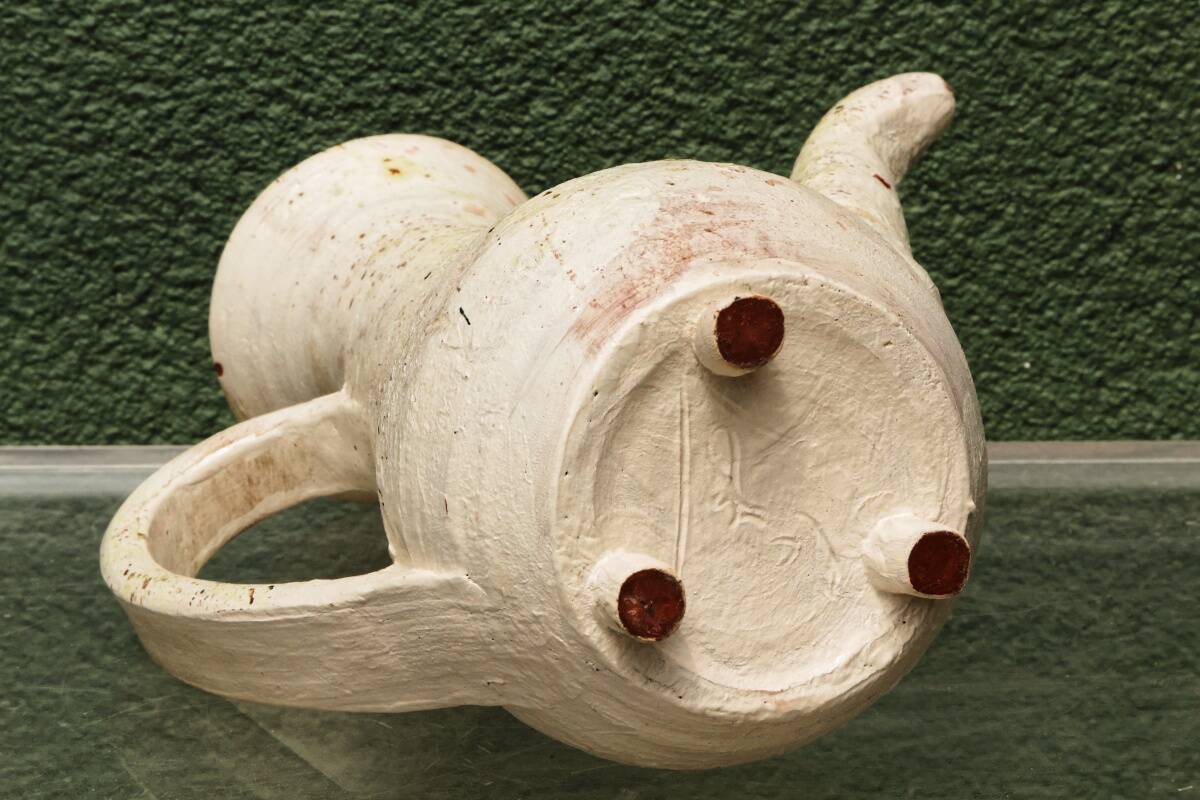 Vessel, jug, signed, 1950s, red terracotta, cream slip.