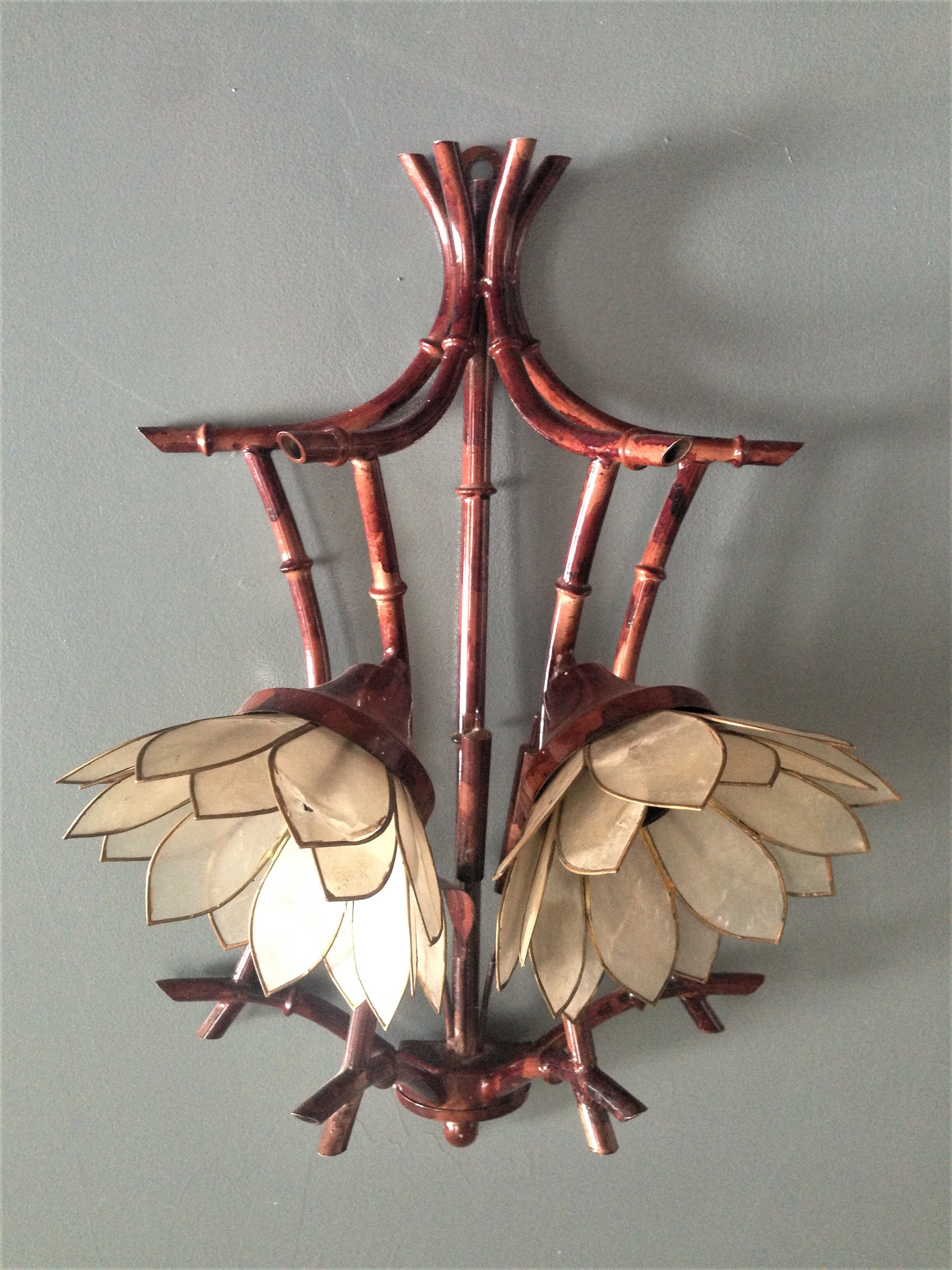 Pair of vintage appliques in metal and mother-of-Pearl