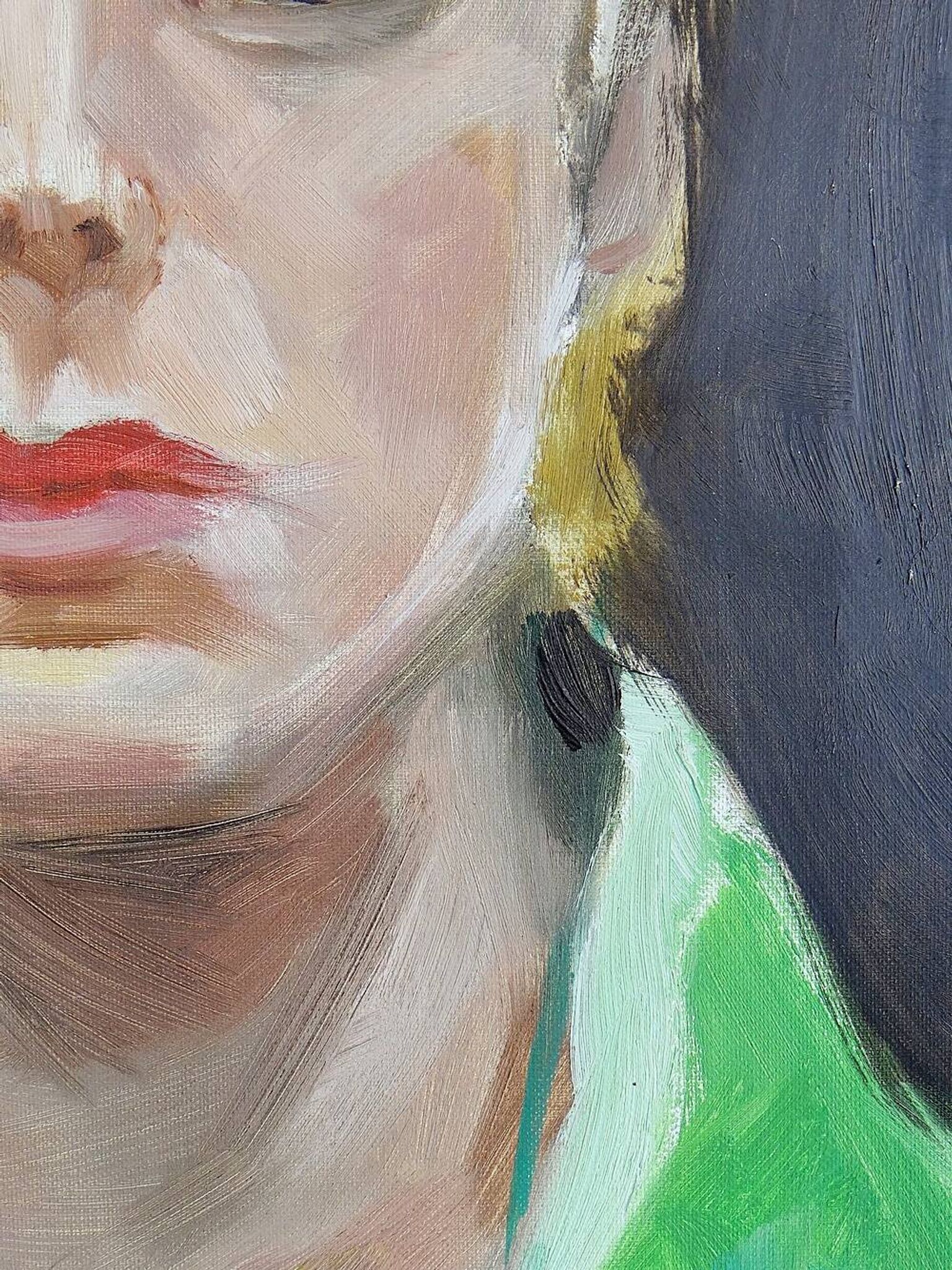 Portrait "The Woman in Green" vintage oil on canvas board framed