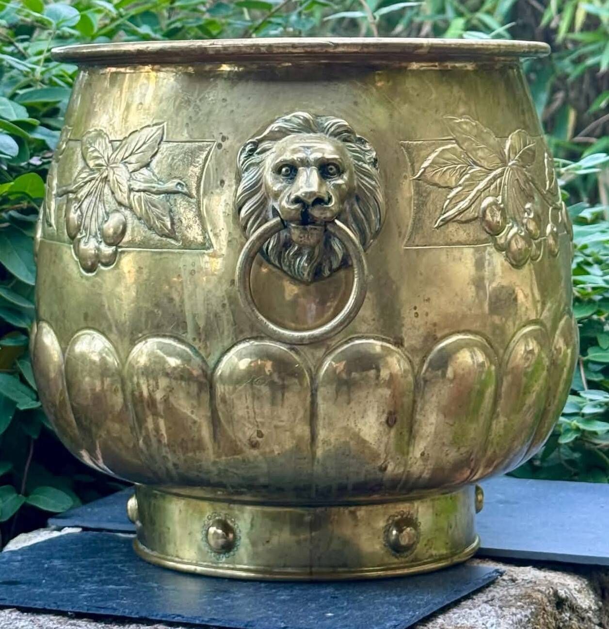 Large brass lion planter with a hallmark from the 19th century.