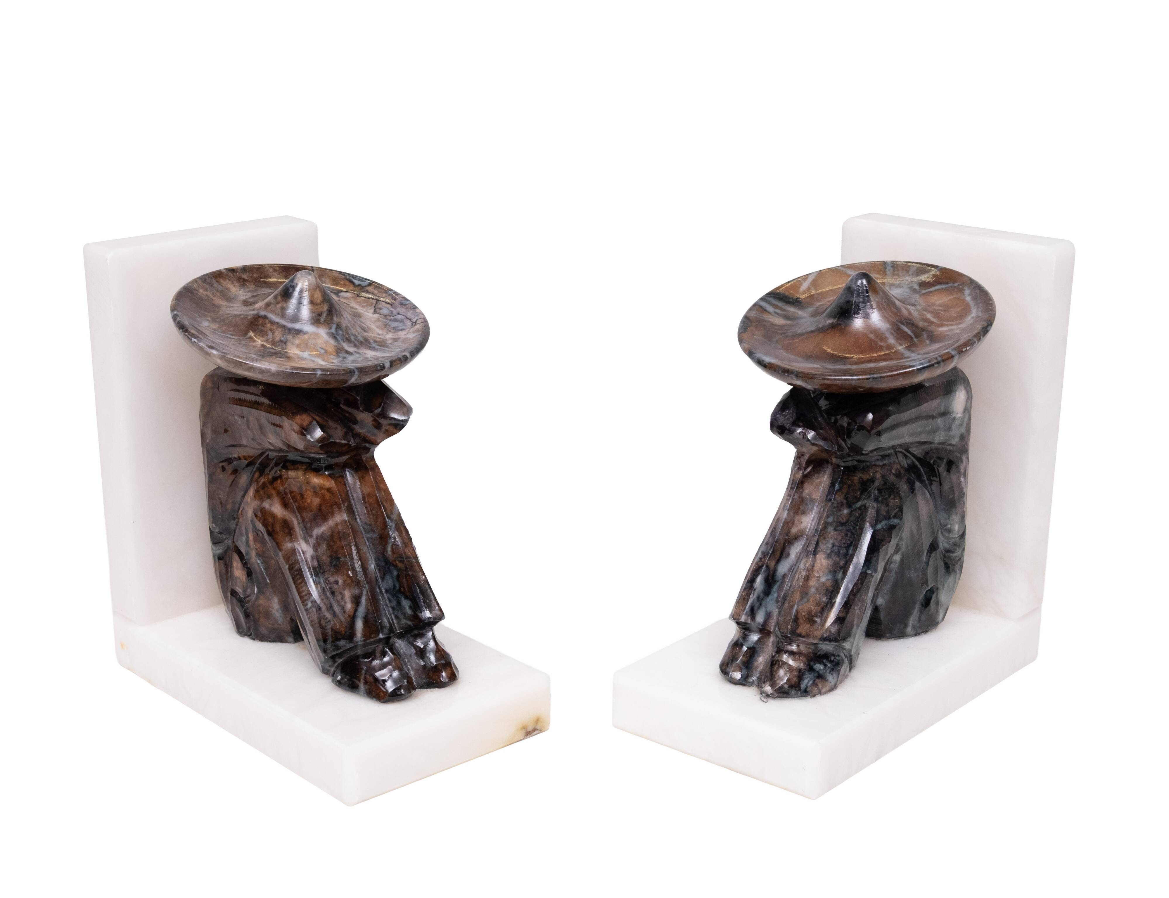 Vintage Onyx and White Marble Bookends, Sombrero Design, Mexico, 1970s