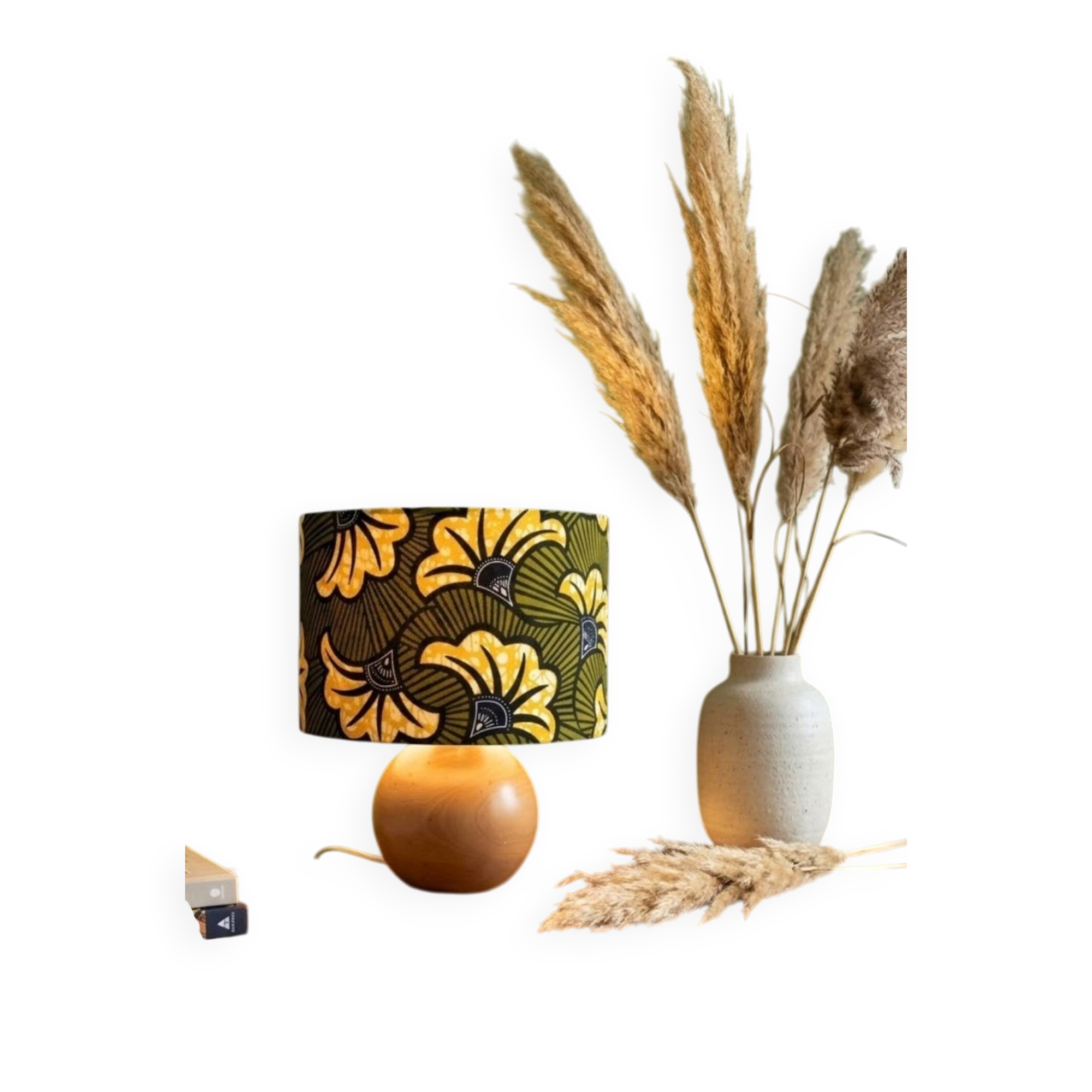 Solid wood ball lamp, lampshade with stylised wax flowers in khaki/yellow.