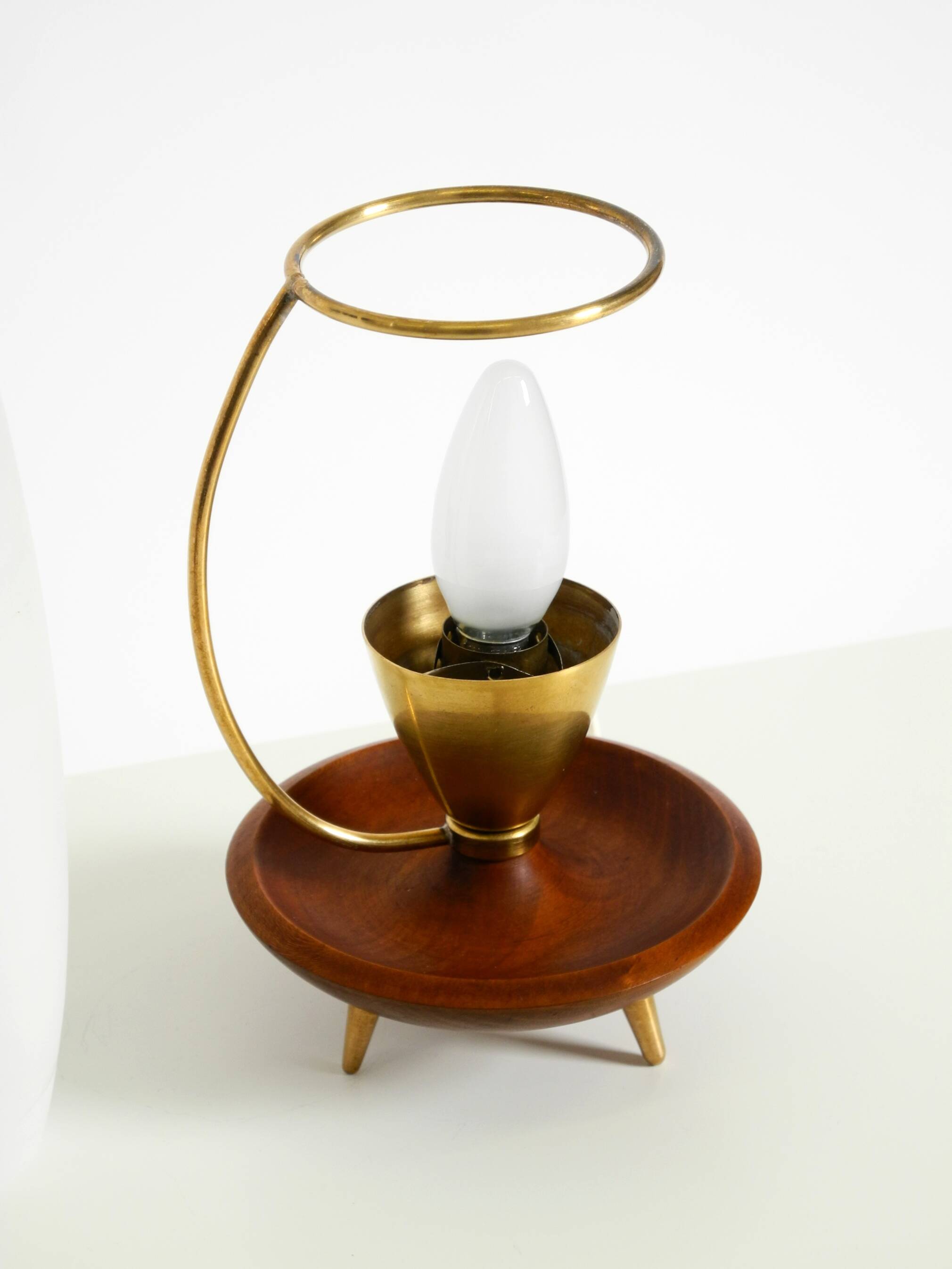 Large 1950s table lamp made of brass and teak, with a frosted glass shade