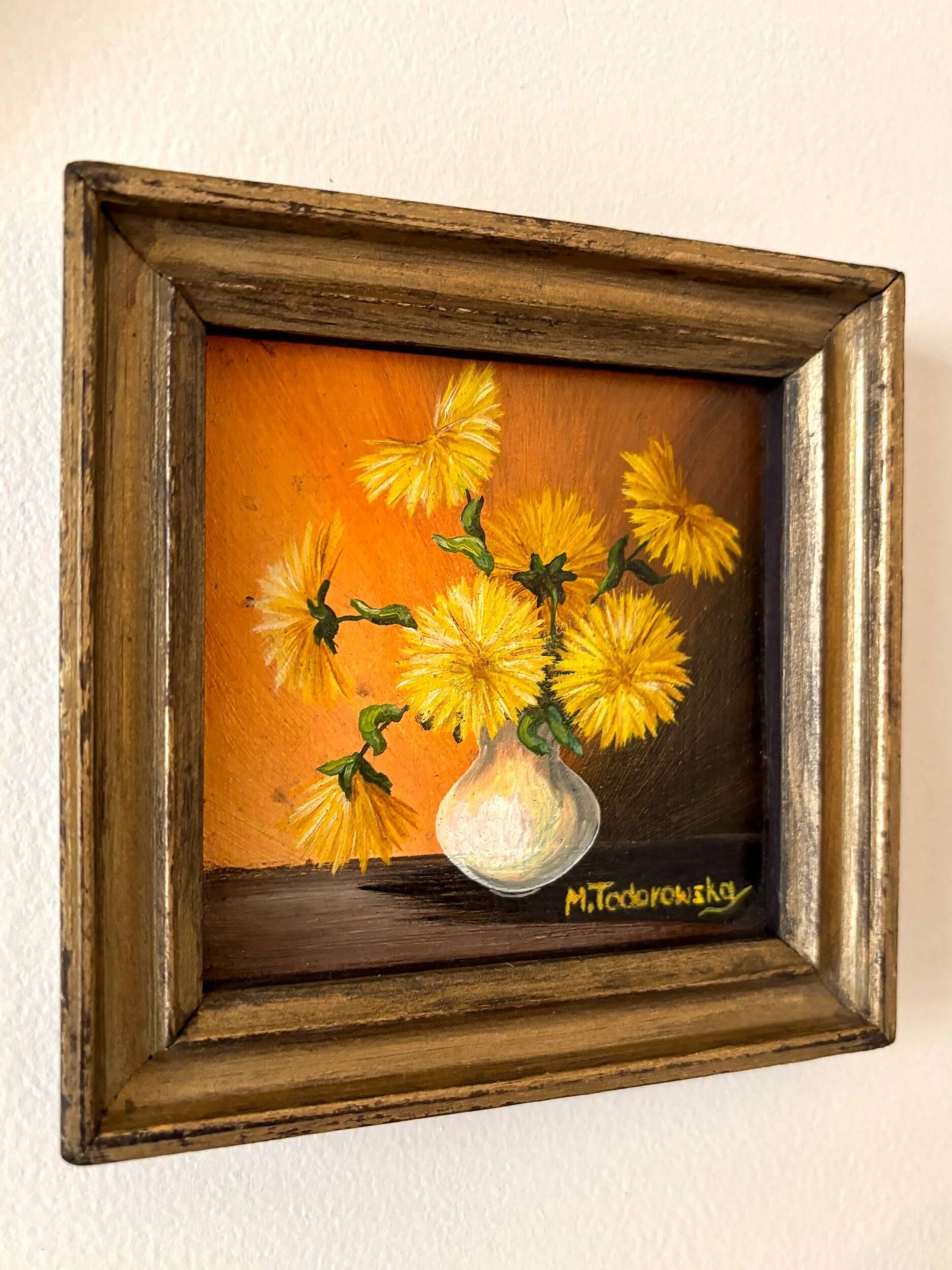 Framed painting on wood - yellow flowers