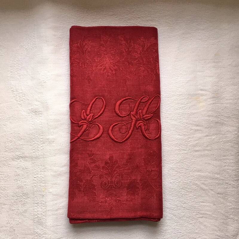 Old embroidered red table napkin L H
