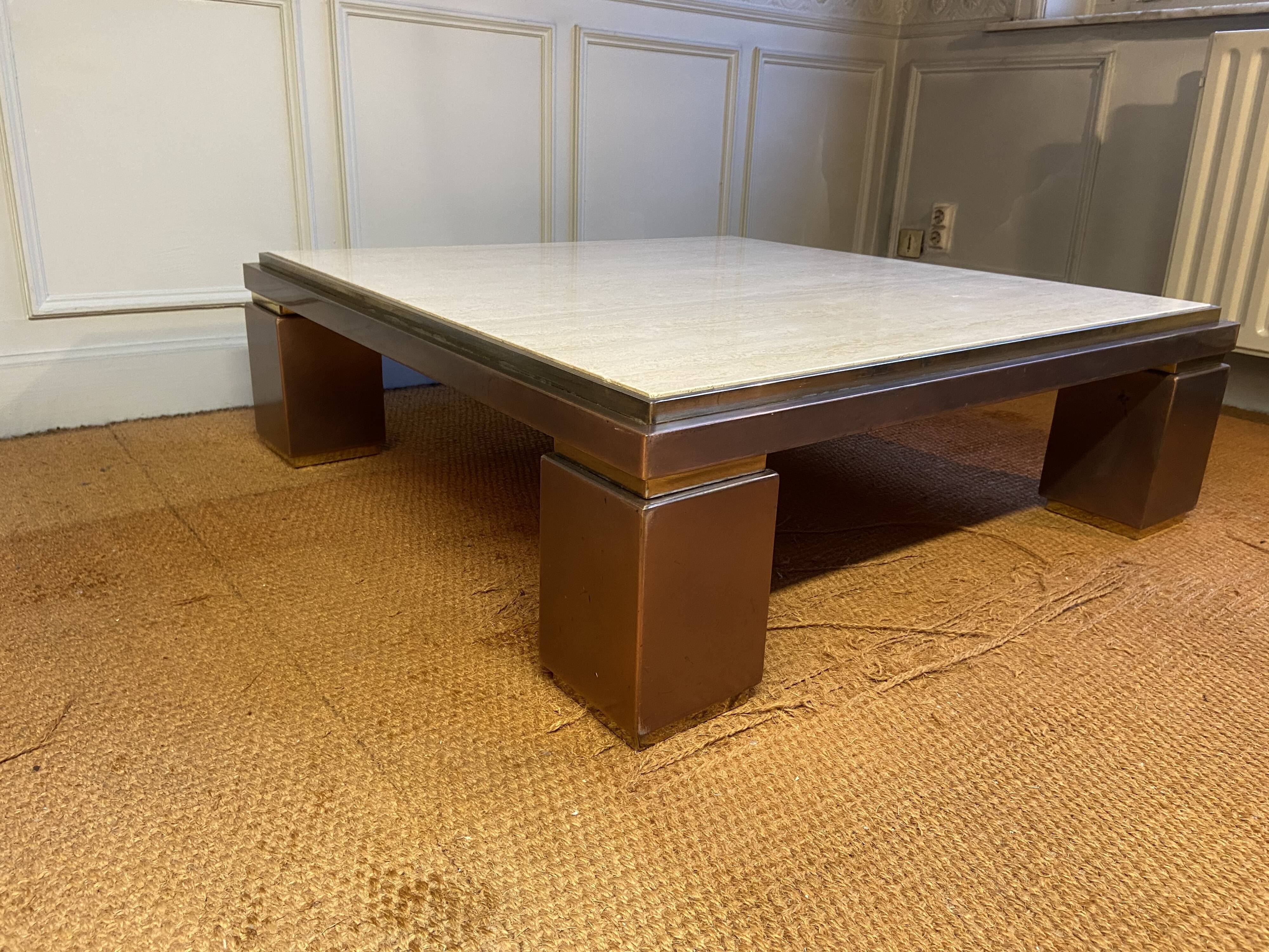 XXL copper, brass and travertine square coffee table, Belgo Chrom