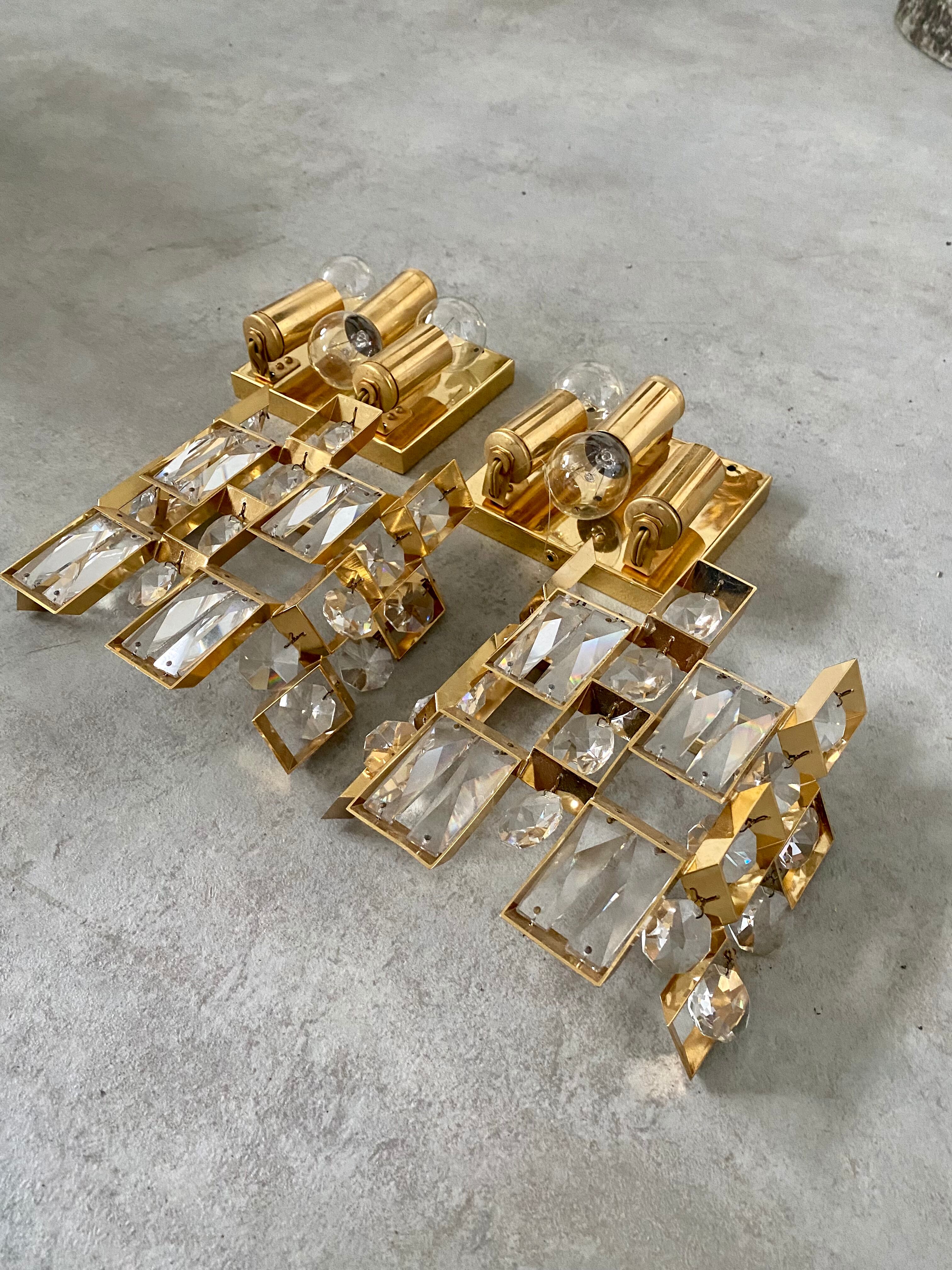 Set of 2 wall lamps gold crystal and brass Palwa Germany 1950