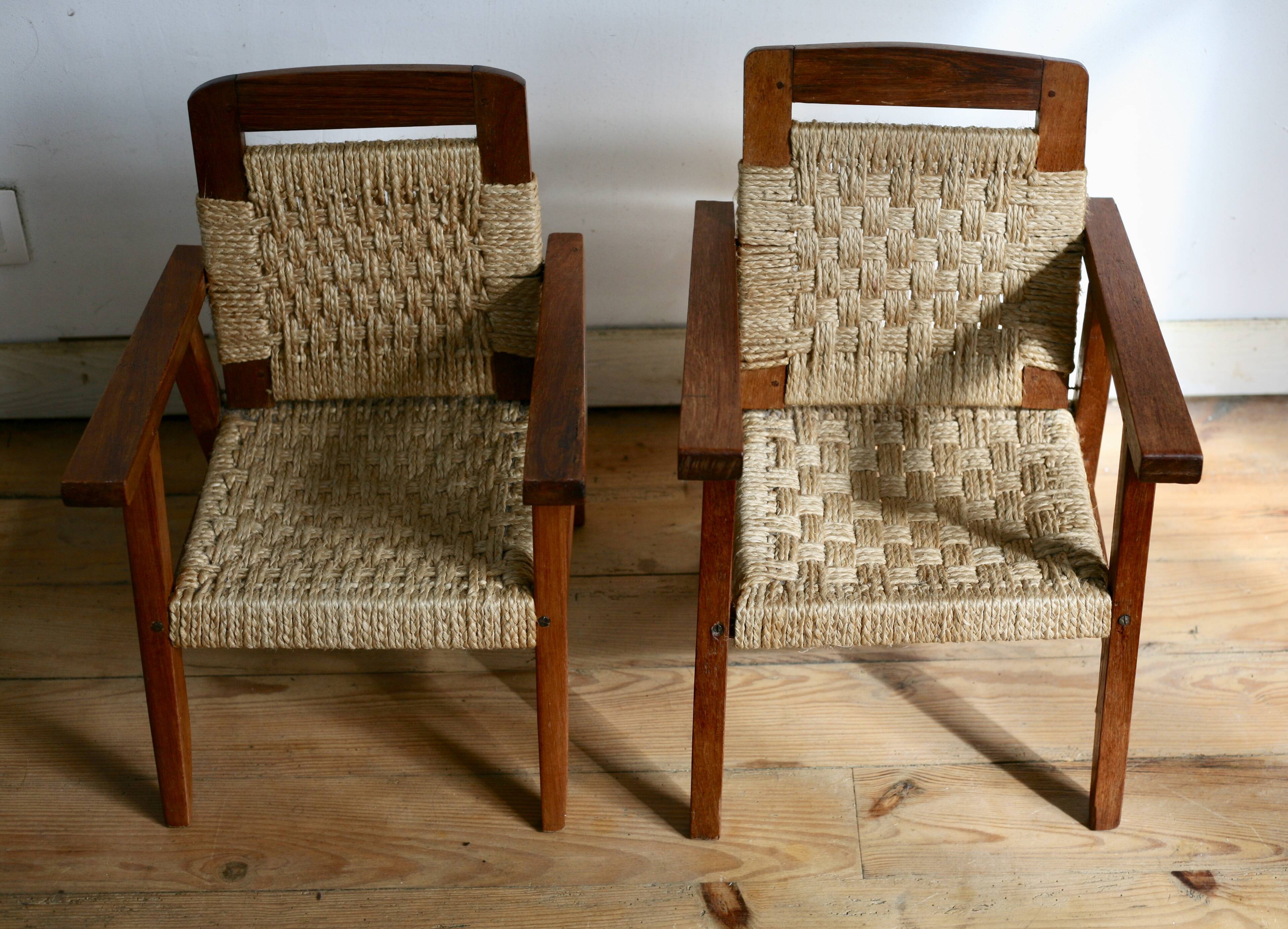 Pair of children's armchairs in rope, attributed to Audoux Minet.