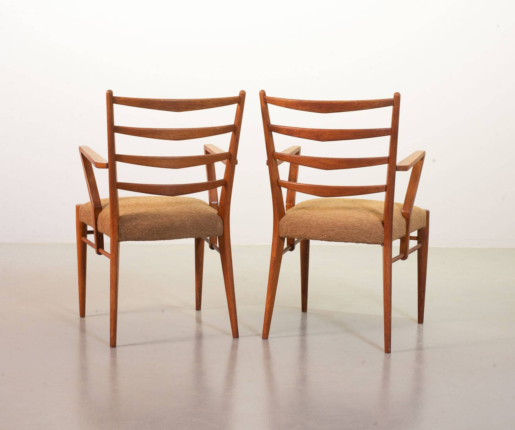 Cees Braakman Dutch Design Wooden Ladder Arm Chairs & Caramel Bouclé Fabric