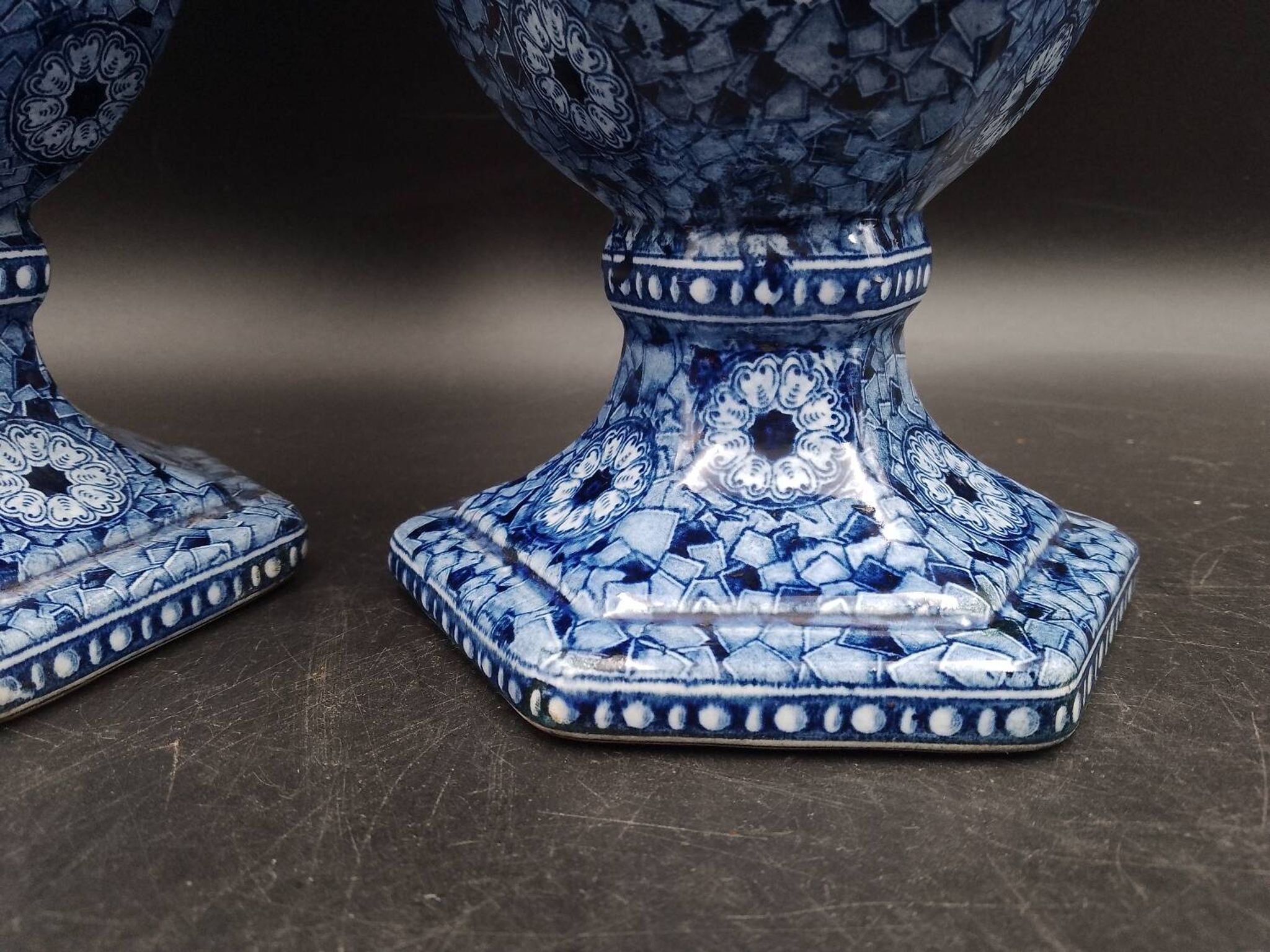 Antique 19th century Delft pair of hexagonal vases - Petrus Regout Maestricht