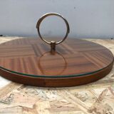 Ancien plat plateau fromage bois + plexi + anse laiton cuisine vintage