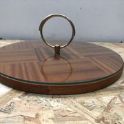 Ancien plat plateau fromage bois + plexi + anse laiton cuisine vintage