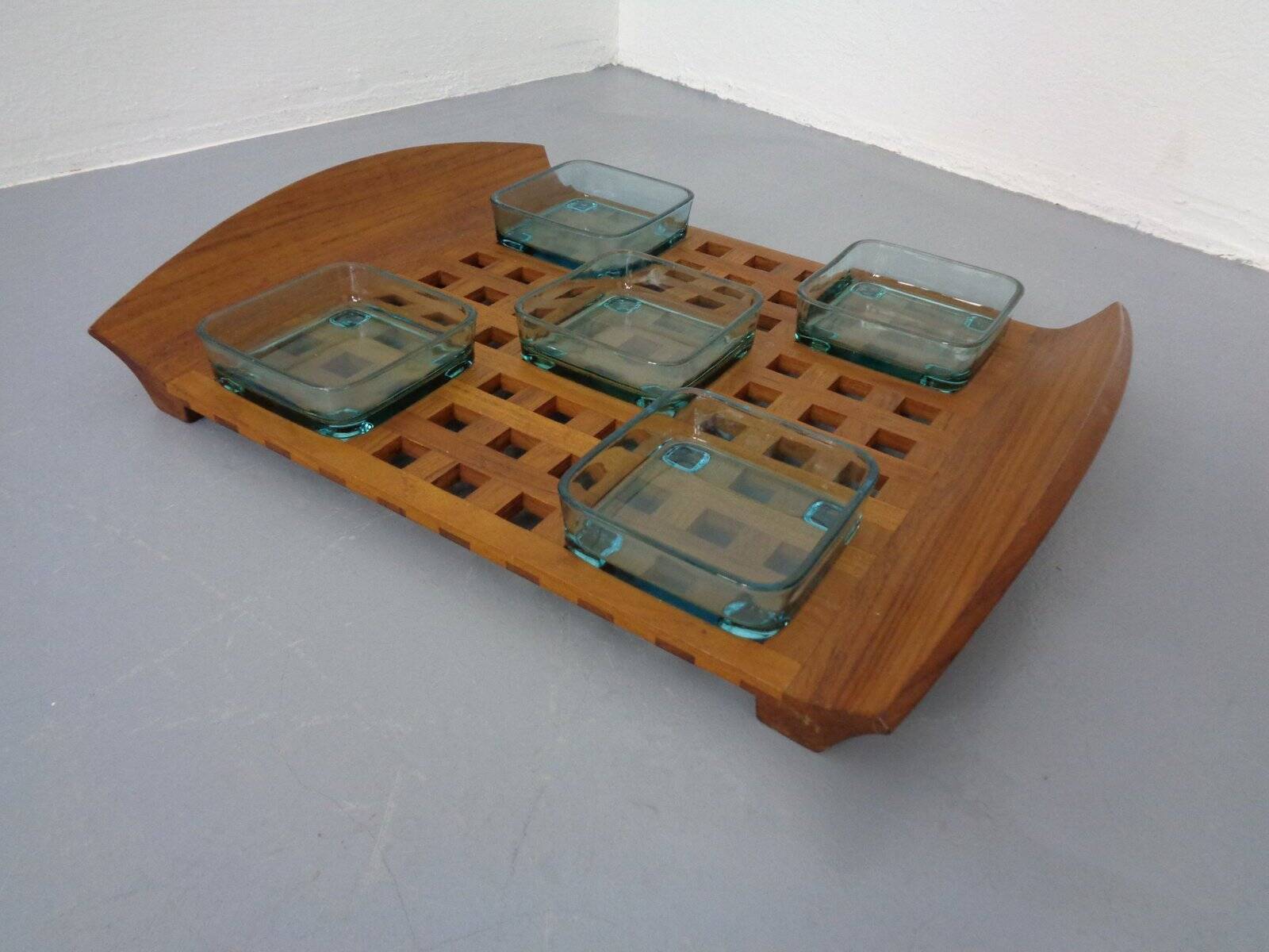 Teak tray with glass bowls by Jens Quistgaard for IHQ Dansk Designs, 1960s, set of 6.