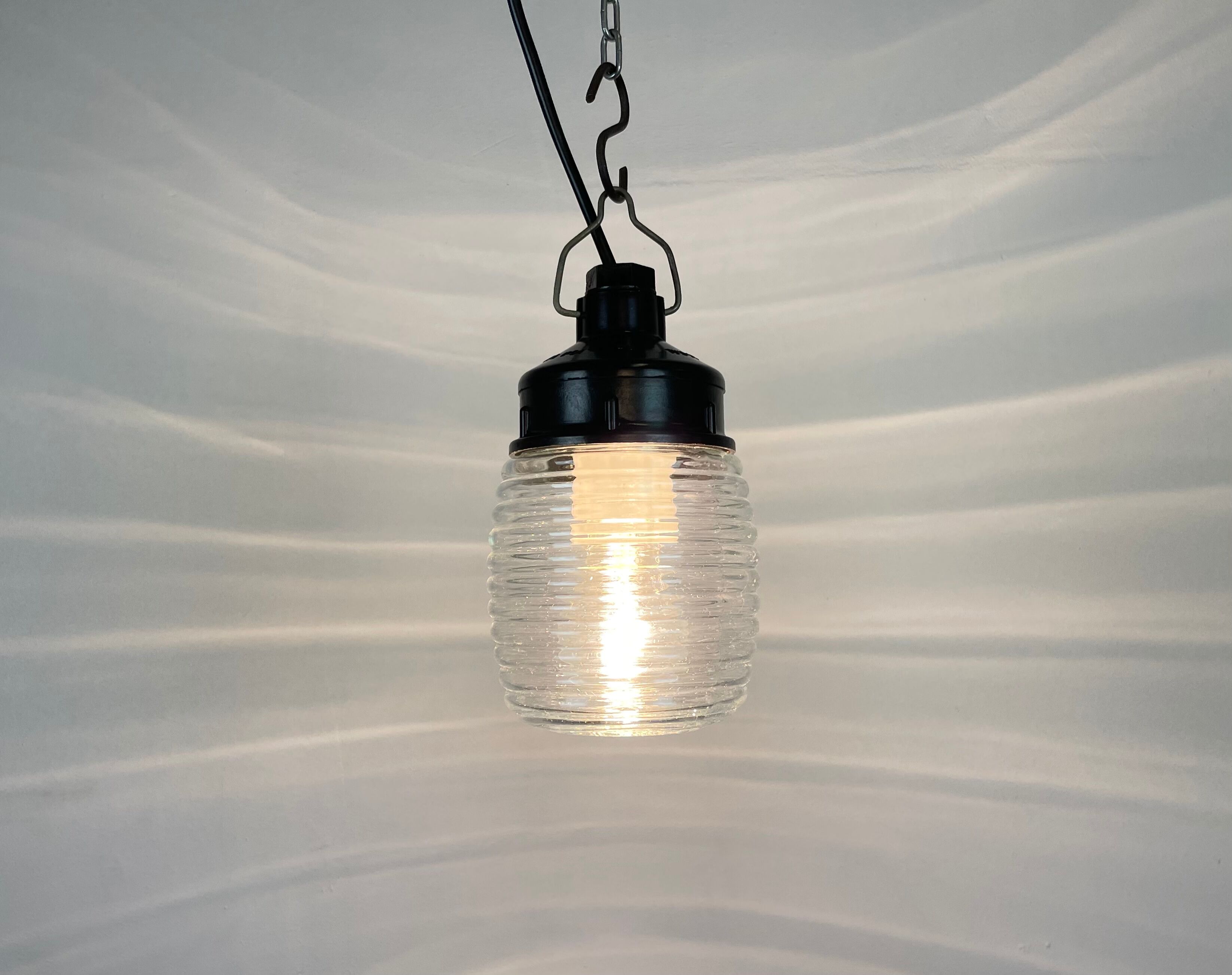 Industrial Bakelite Pendant Light with Ribbed Glass, 1970s
