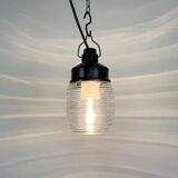 Industrial Bakelite Pendant Light with Ribbed Glass, 1970s