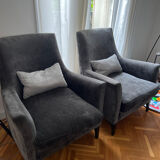 Set of 2 grey velvet armchairs