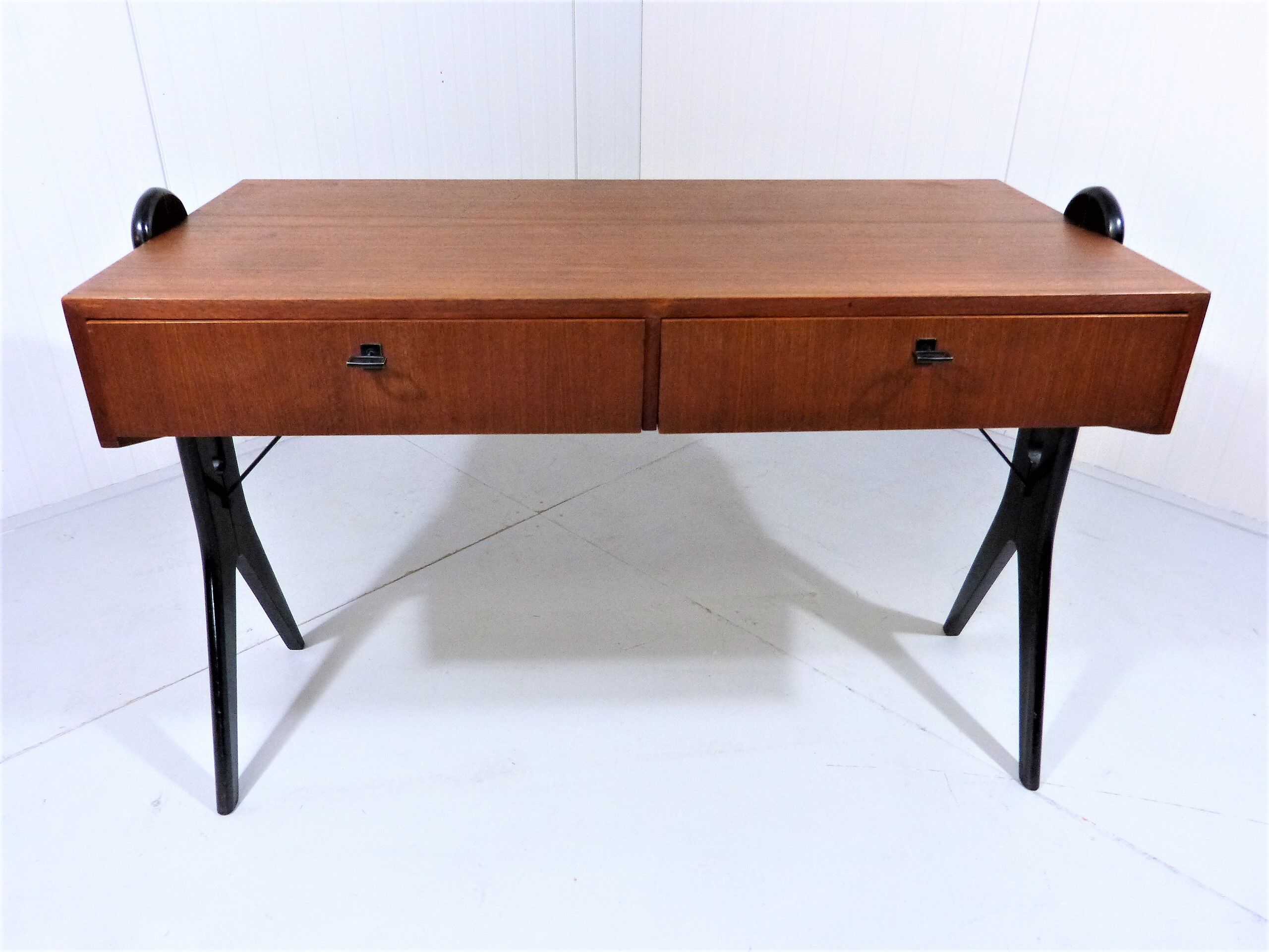 Vintage teak desk with black scissor legs 1960's