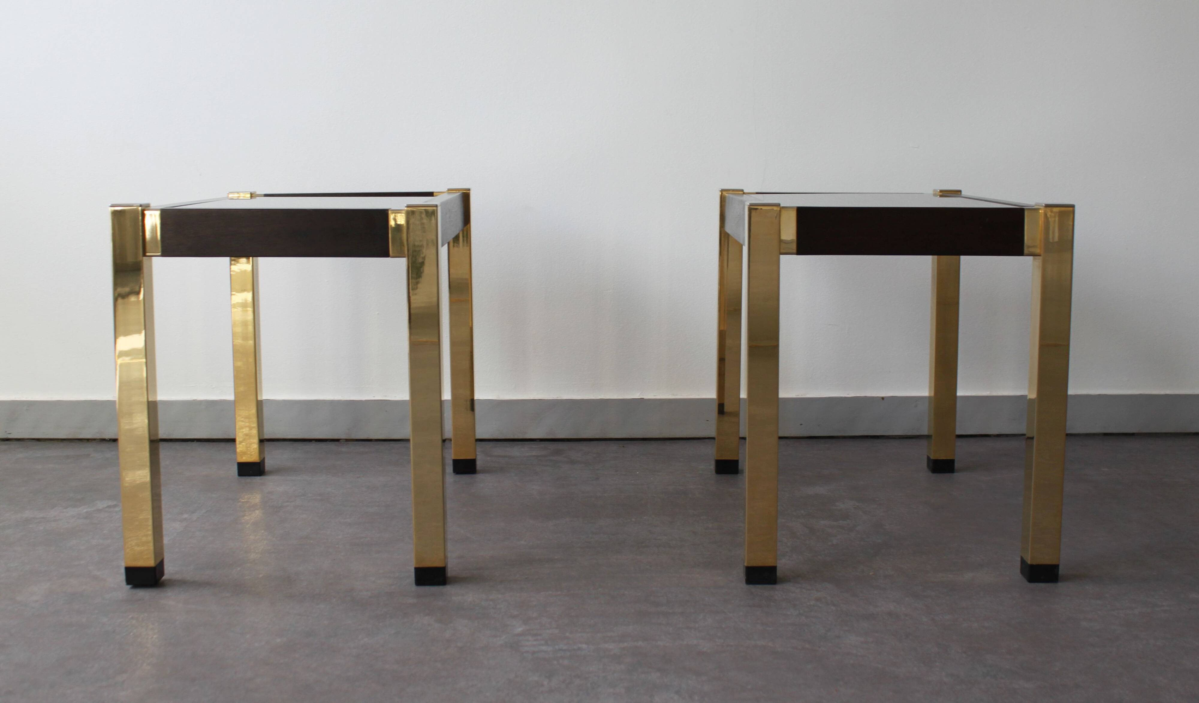 Pair of Hollywood Regency style brass side tables, 70s.