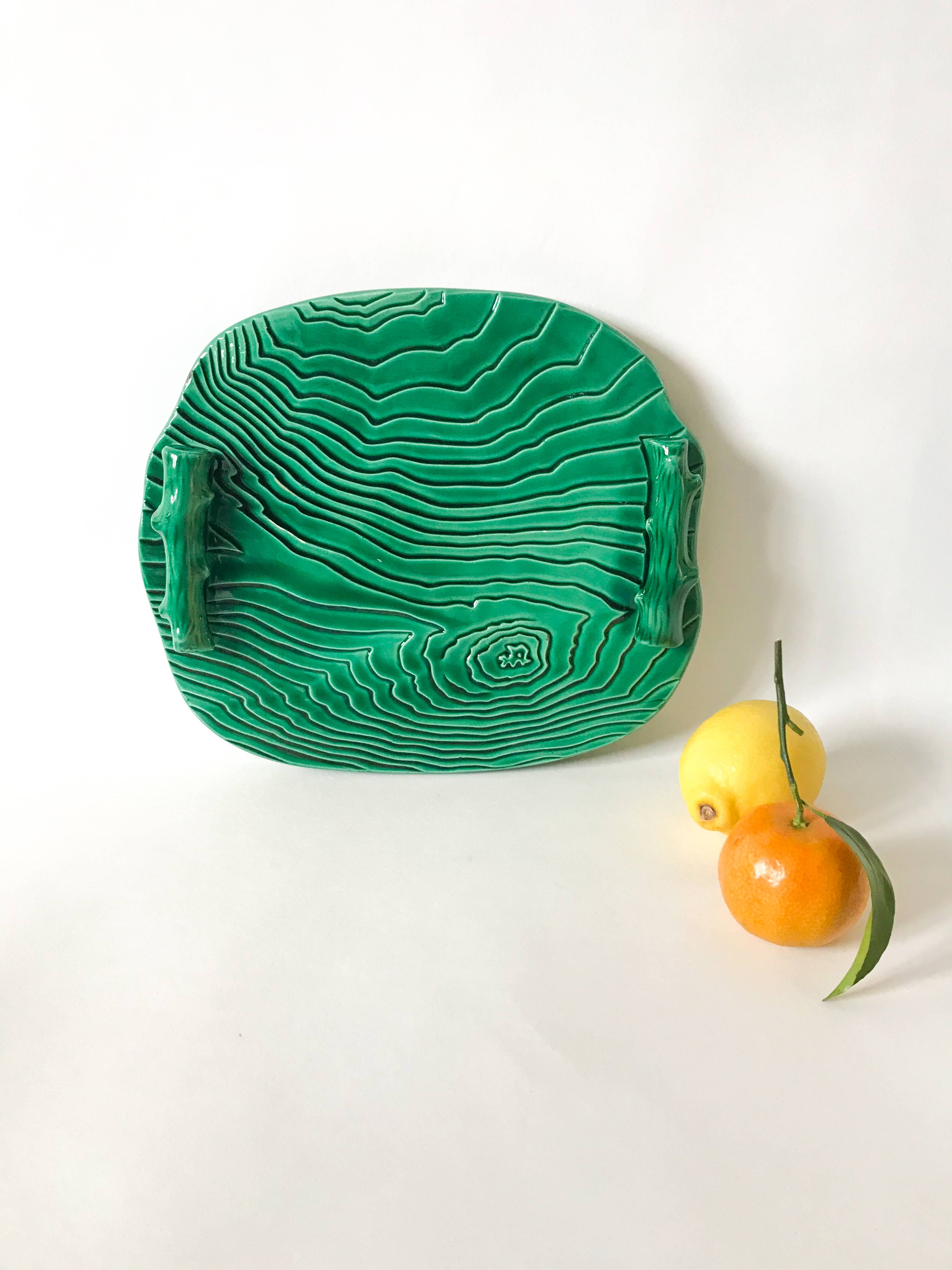 green ceramic tray with bamboo effect from the 1950s