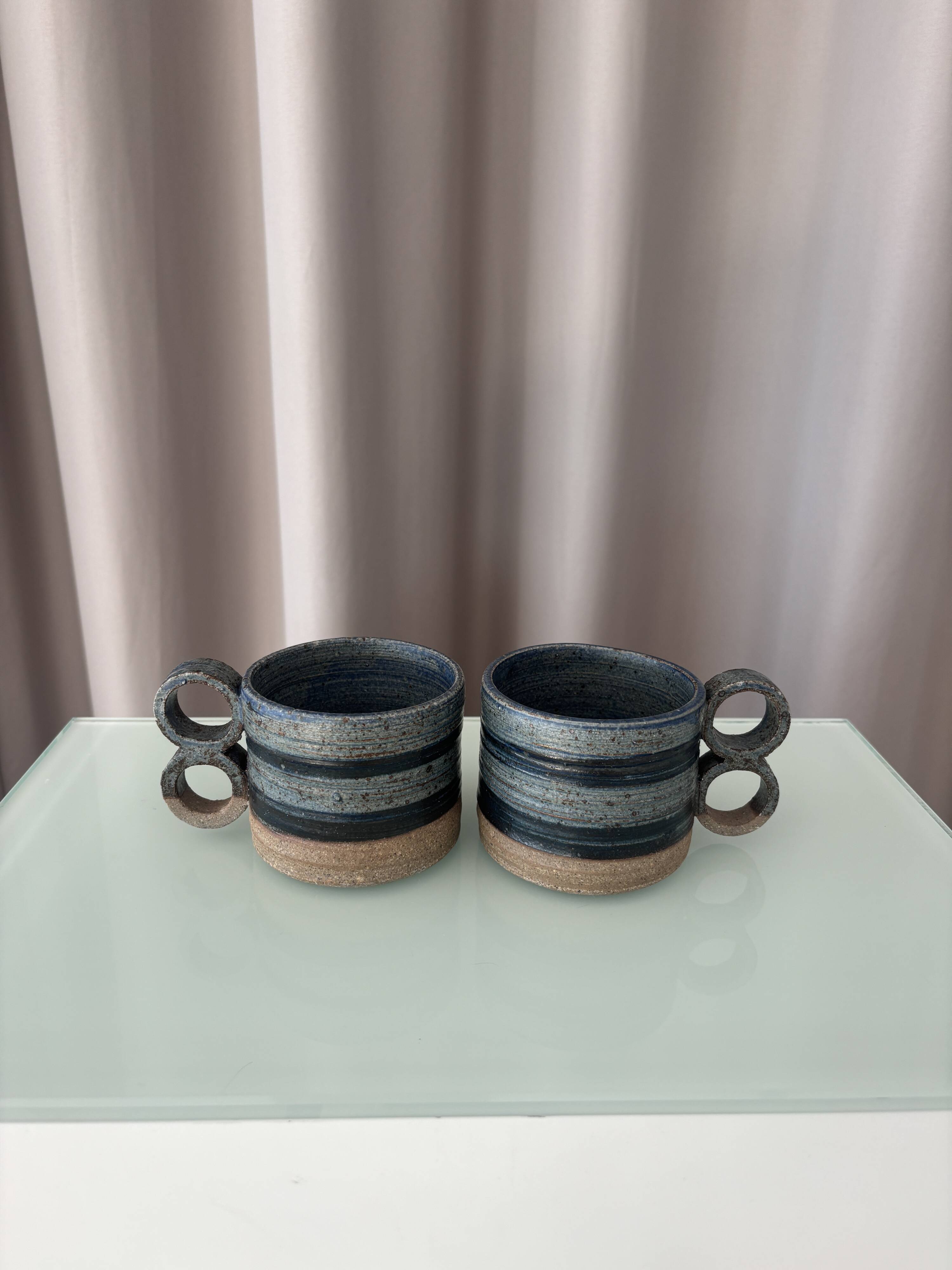 Pair of Vintage Danish Studio Pottery Mugs – Denmark Stoneware Cups – Blue
