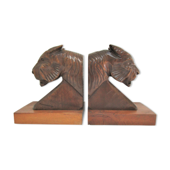 Pair of Art Deco book ends tigers carved wood