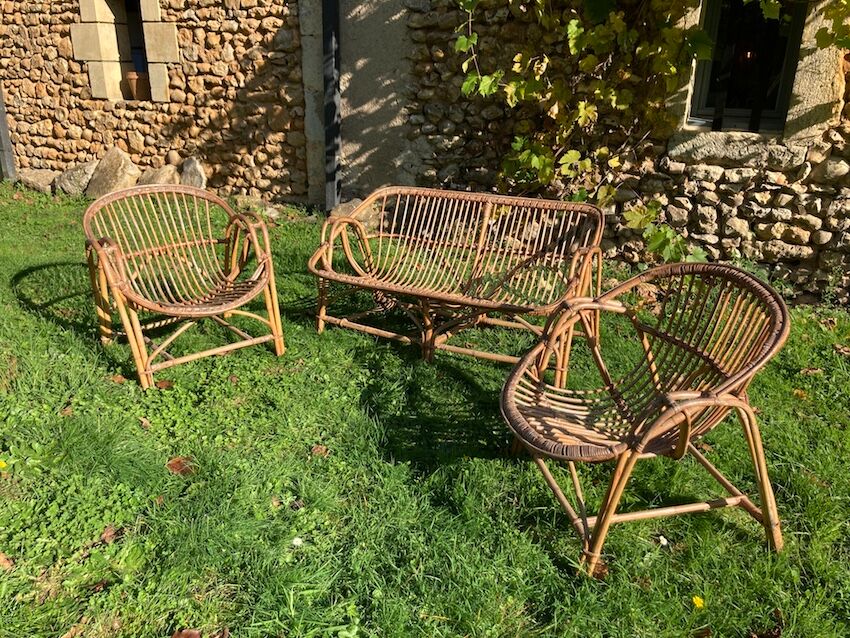 Ball rattan lounge consisting of a sofa and 2 armchairs