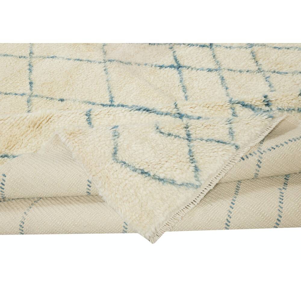 Moroccan Tulu Rug in Beige and Teal Blue Colors, 100% Wool, Beni Ourain Carpet
