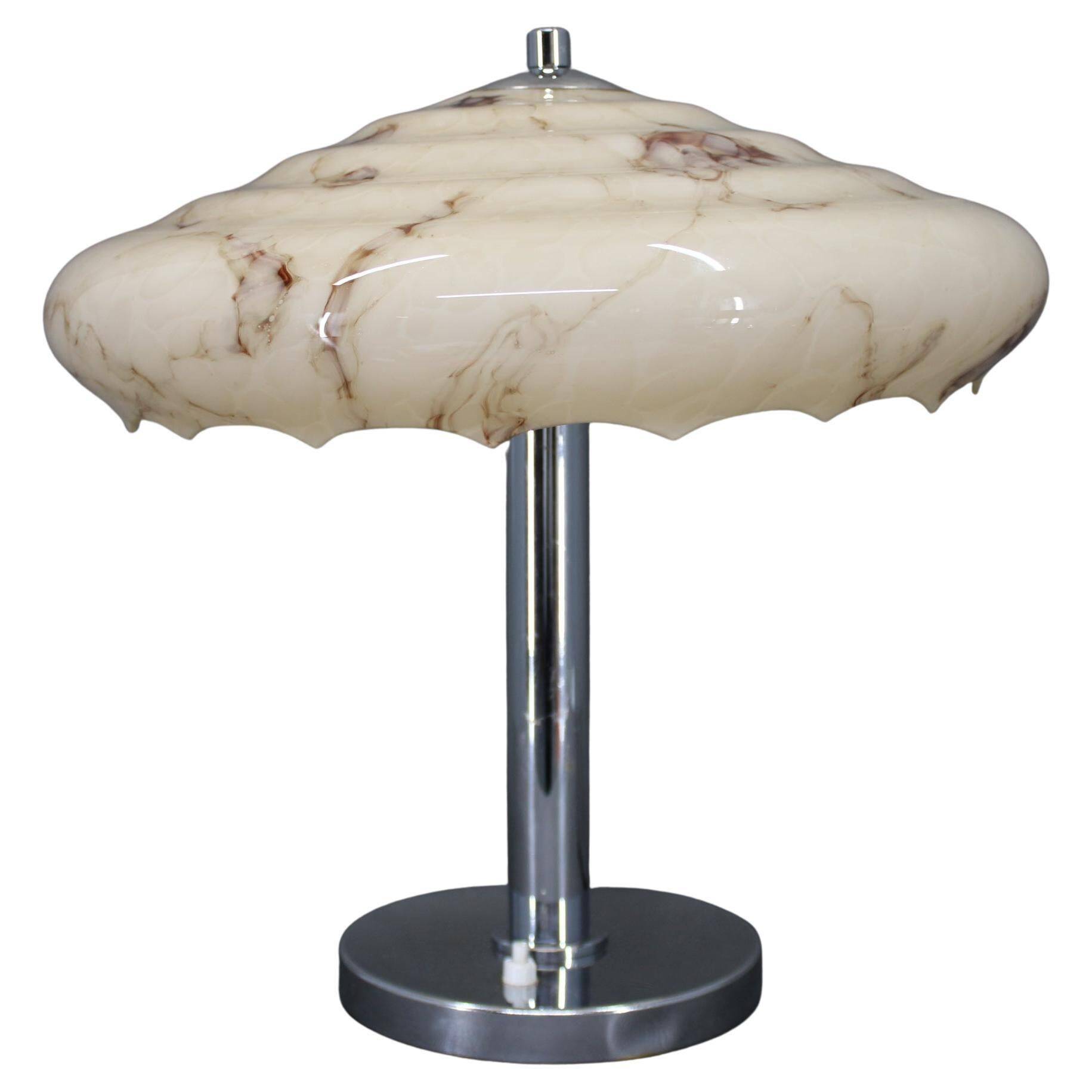 Czechoslovak Art Deco chrome table lamp with marbled glass, 1930s