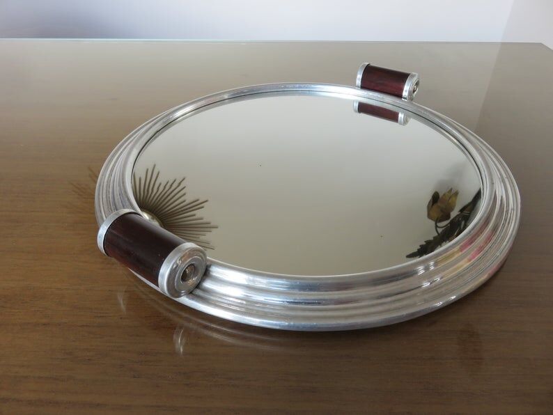 Round aluminum mirror top with wooden handles 40s 50s