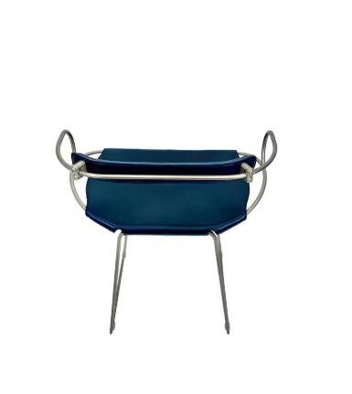 Contemporary sculptural bar stool c. Aged Silver Metal Backrest and Navy Blue Leather