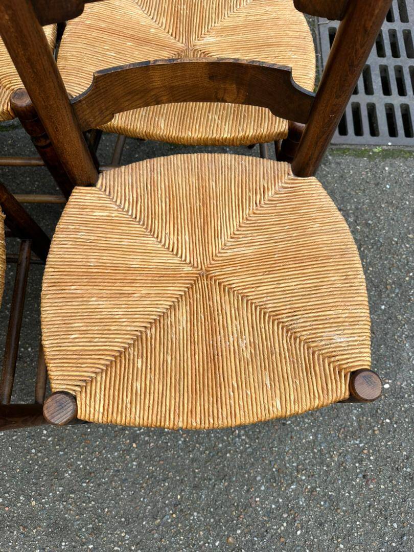 6 solid wood dining chairs with rush seats, oak, 19th century.