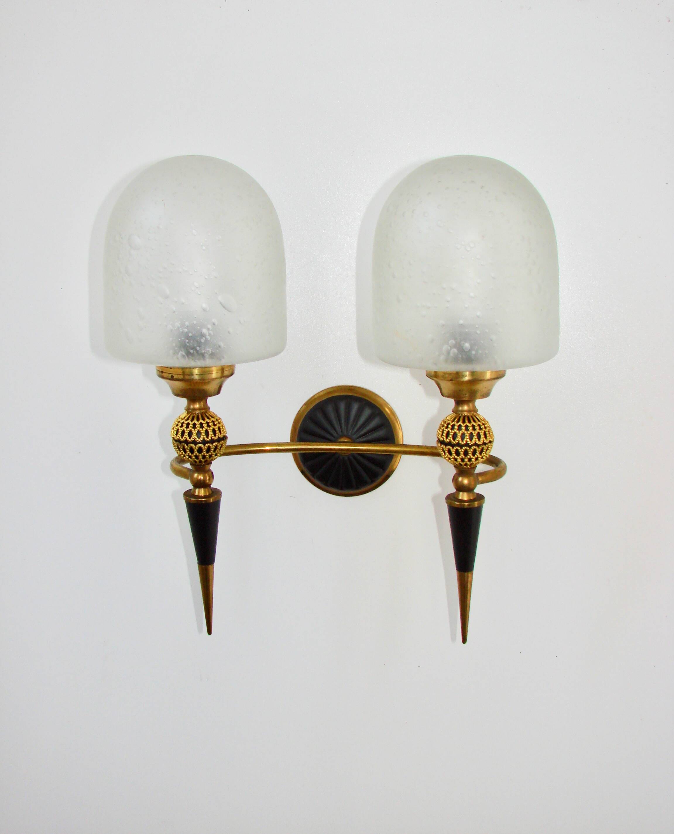 Mid-century brass wall lamp, 1950s, glass and brass, 2xE14