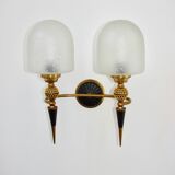Mid-century brass wall lamp, 1950s, glass and brass, 2xE14