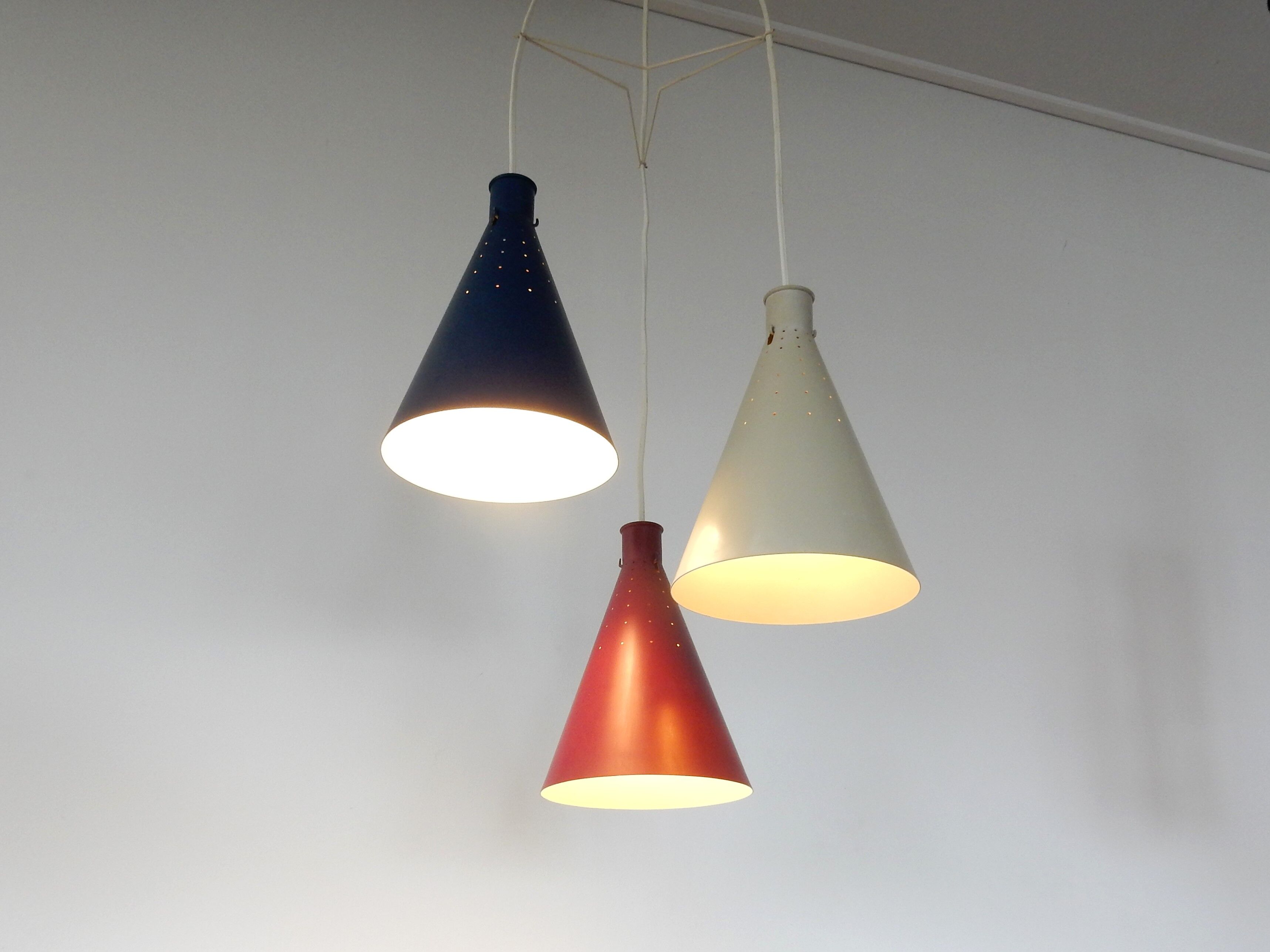 Rare set of 3 conical pendant lamps by Alf Svensson for Bergboms, Sweden 1950's, 2 available