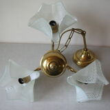 Ancien lustre 3 feux JP Rickaert années 1960/70 3 globe tulipe verre dentelle napperon