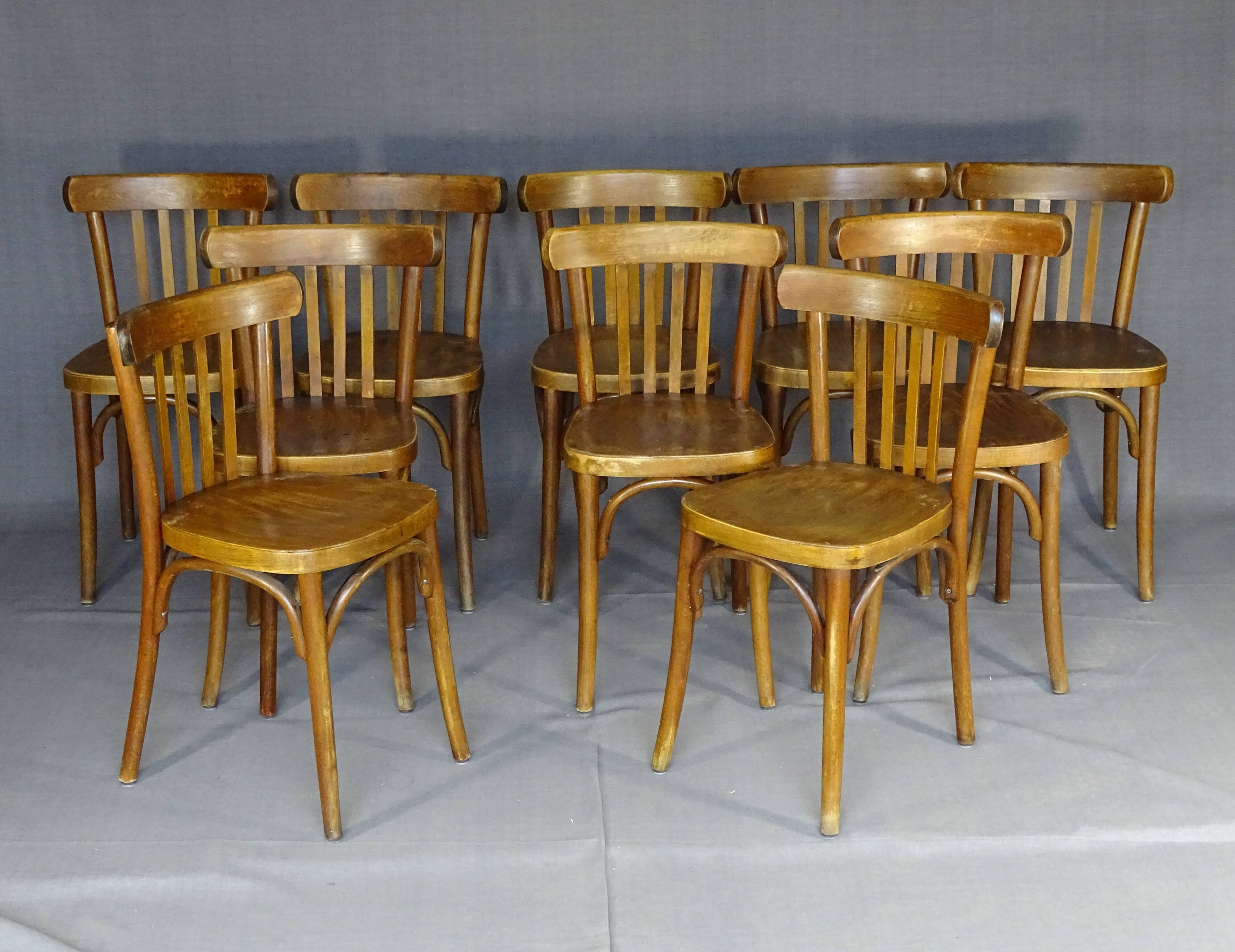 Set of 10 1960s curved wood bistro chairs ready for service