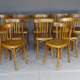 Set of 10 1960s curved wood bistro chairs ready for service