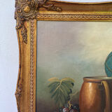 Painting on canvas still life old gilded wood frame / vintage fruit painting grape apple vase and jug