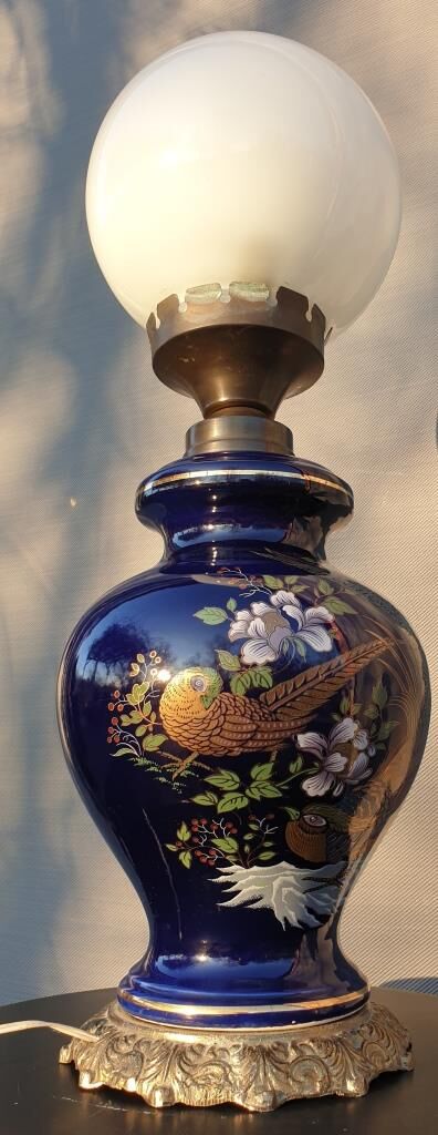 Ceramic lamp birds lyres on midnight blue background Napoleon III